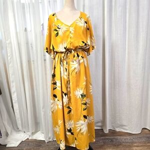 2/$30 Ava‎ & Viv Mustard Goldenrod Yellow Maxi Dress Sz 1X White Floral Print